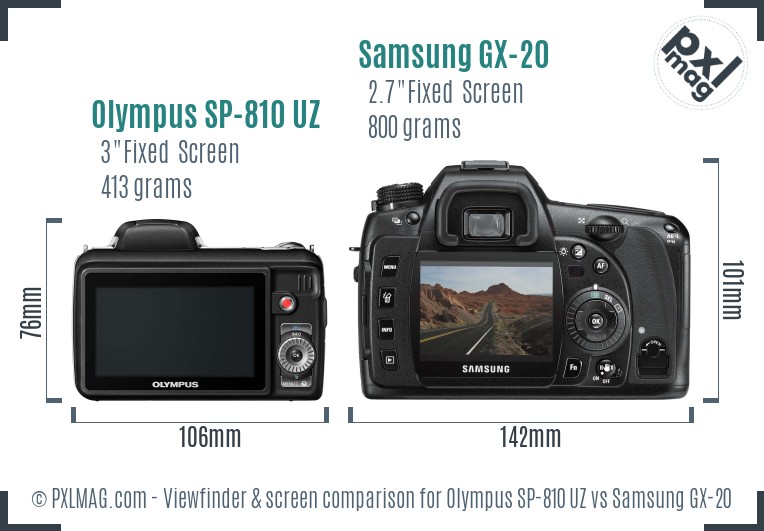 Olympus SP-810 UZ vs Samsung GX-20 Screen and Viewfinder comparison