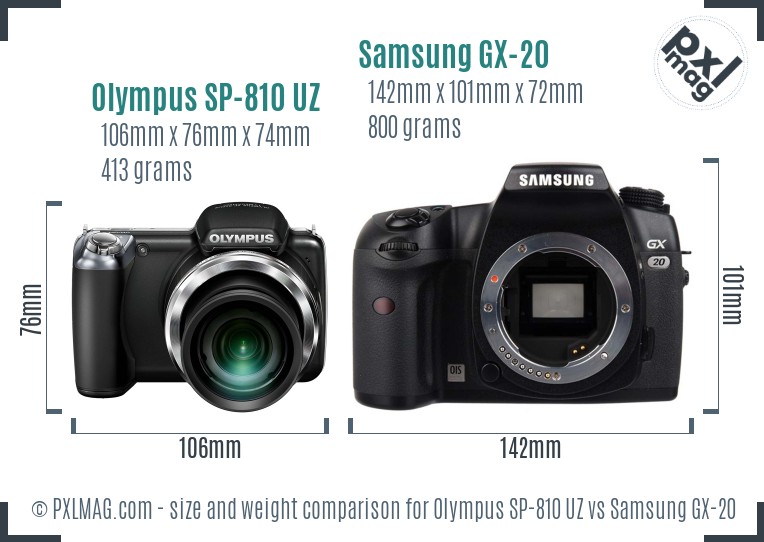 Olympus SP-810 UZ vs Samsung GX-20 size comparison Olympus SP-810 UZ vs Samsung GX-20 size comparison