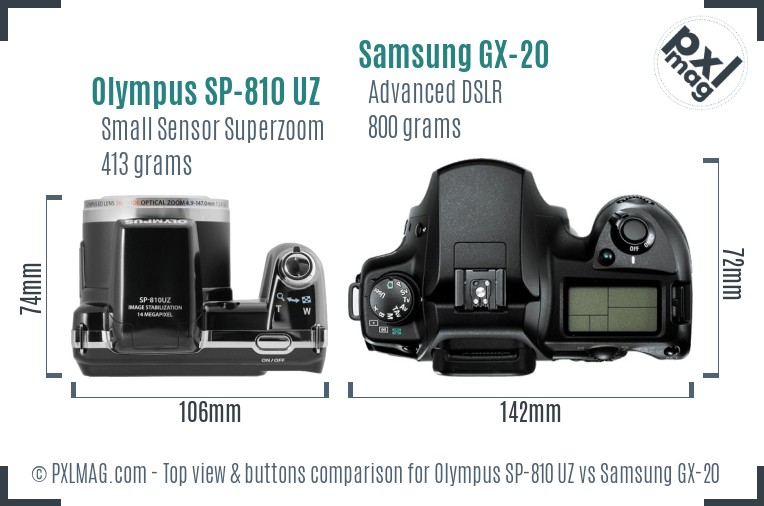Olympus SP-810 UZ vs Samsung GX-20 top view buttons comparison
