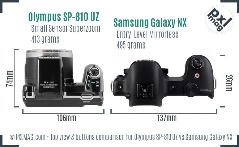 Olympus SP-810 UZ vs Samsung Galaxy NX top view buttons comparison