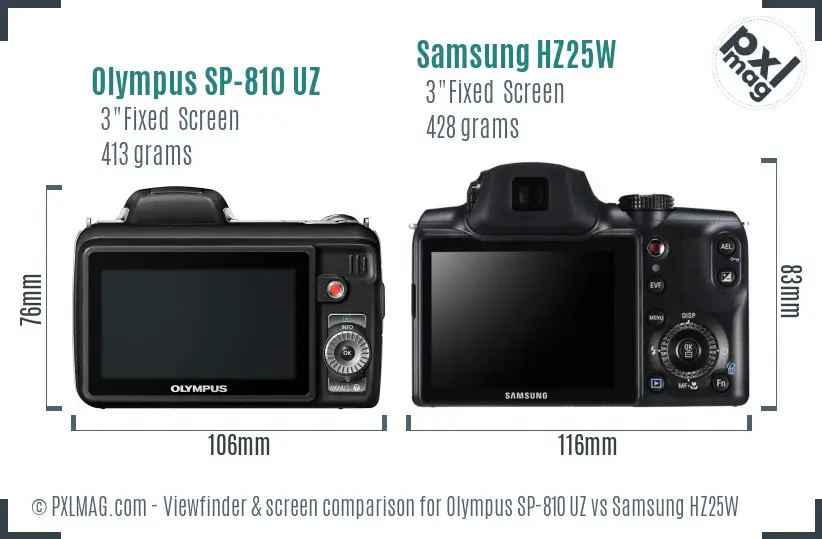 Olympus SP-810 UZ vs Samsung HZ25W Screen and Viewfinder comparison