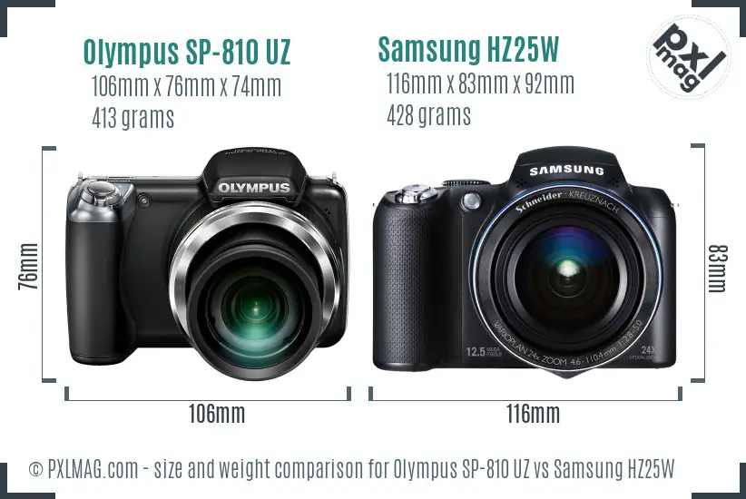 Olympus SP-810 UZ vs Samsung HZ25W size comparison