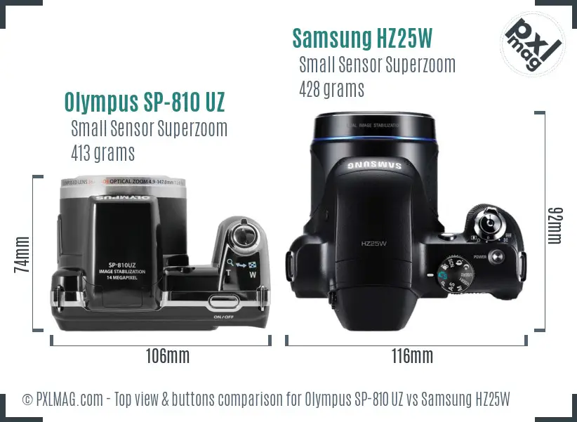 Olympus SP-810 UZ vs Samsung HZ25W top view buttons comparison