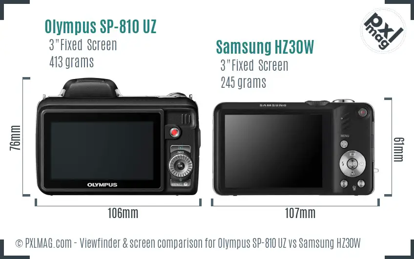 Olympus SP-810 UZ vs Samsung HZ30W Screen and Viewfinder comparison