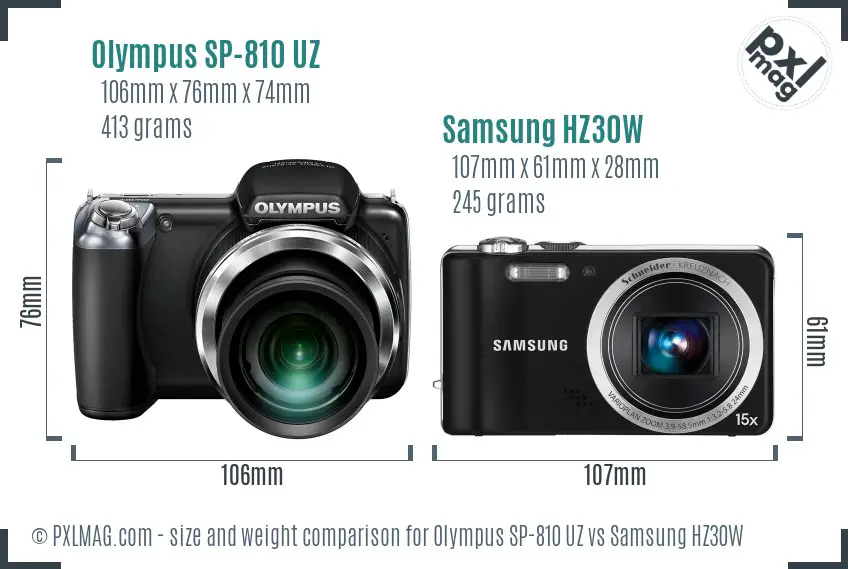 Olympus SP-810 UZ vs Samsung HZ30W size comparison