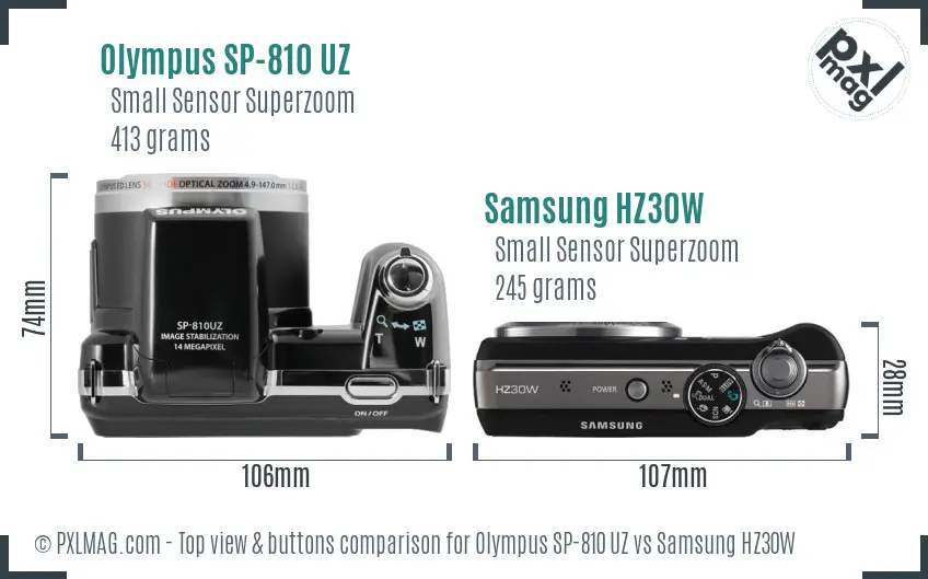 Olympus SP-810 UZ vs Samsung HZ30W top view buttons comparison