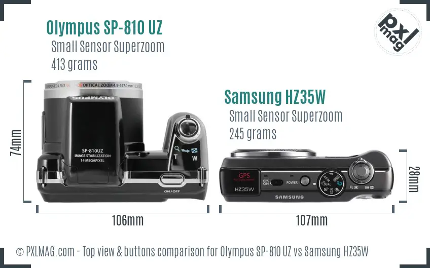 Olympus SP-810 UZ vs Samsung HZ35W top view buttons comparison