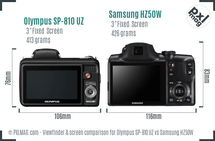 Olympus SP-810 UZ vs Samsung HZ50W Screen and Viewfinder comparison
