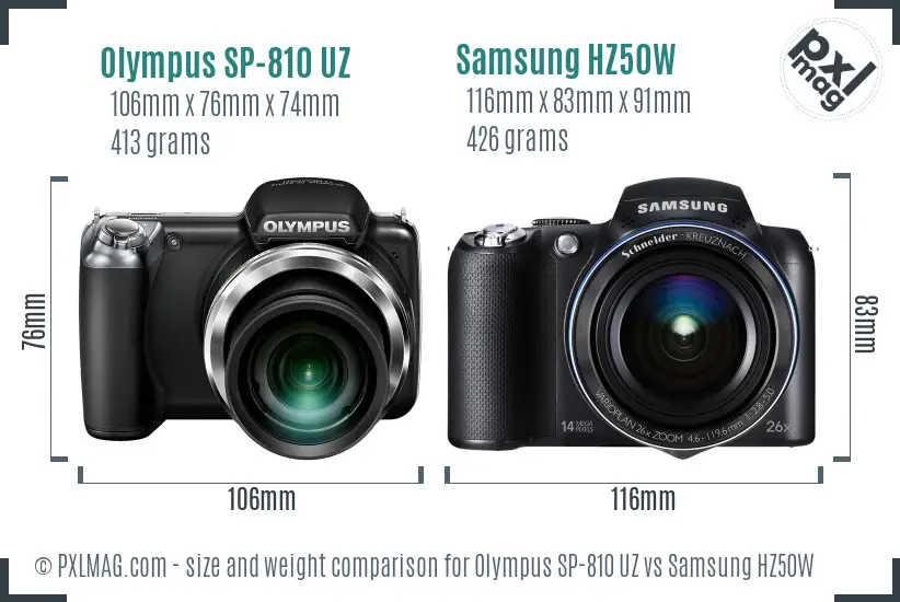 Olympus SP-810 UZ vs Samsung HZ50W size comparison