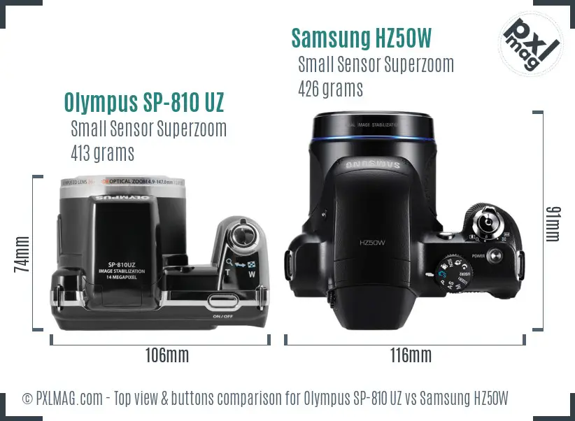 Olympus SP-810 UZ vs Samsung HZ50W top view buttons comparison