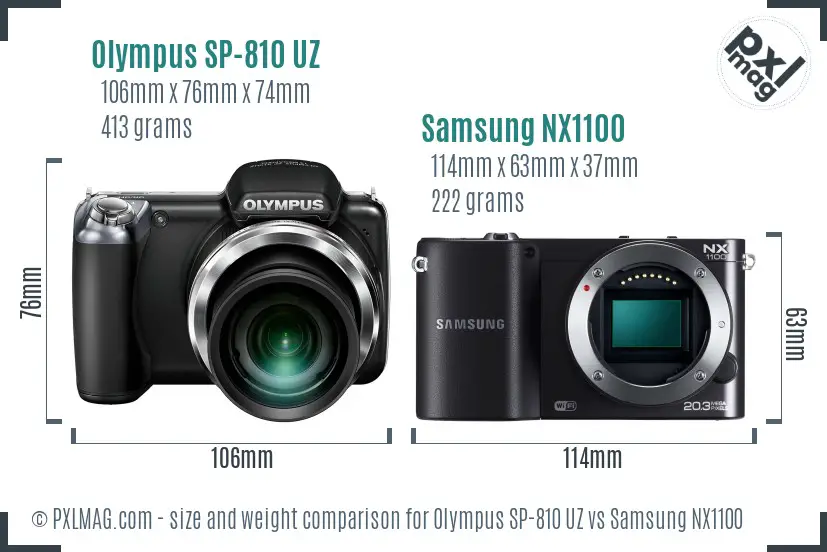 Olympus SP-810 UZ vs Samsung NX1100 size comparison Olympus SP-810 UZ vs Samsung NX1100 size comparison