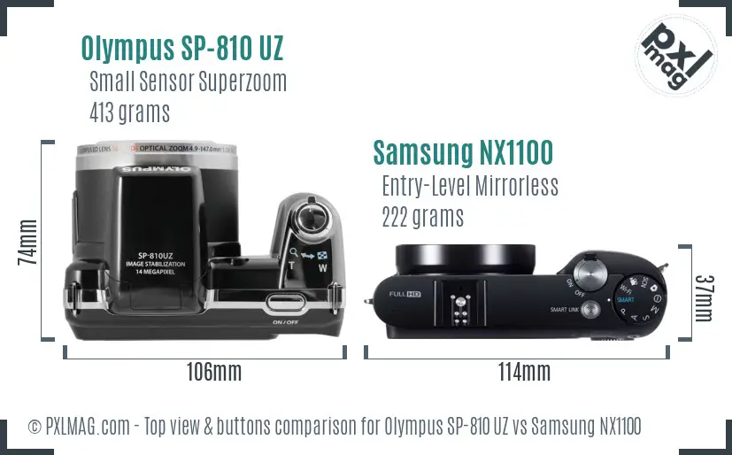 Olympus SP-810 UZ vs Samsung NX1100 top view buttons comparison Olympus SP-810 UZ vs Samsung NX1100 top view buttons comparison