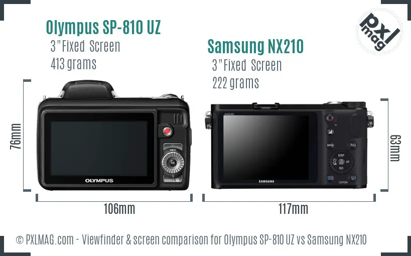 Olympus SP-810 UZ vs Samsung NX210 Screen and Viewfinder comparison