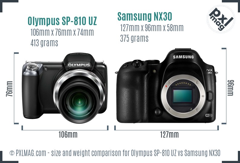 Olympus SP-810 UZ vs Samsung NX30 size comparison