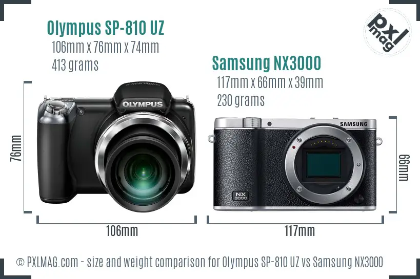 Olympus SP-810 UZ vs Samsung NX3000 size comparison