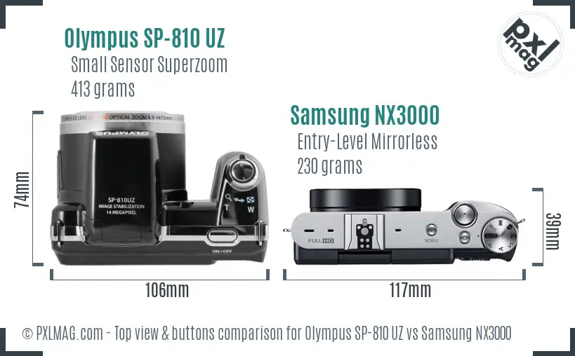 Olympus SP-810 UZ vs Samsung NX3000 top view buttons comparison