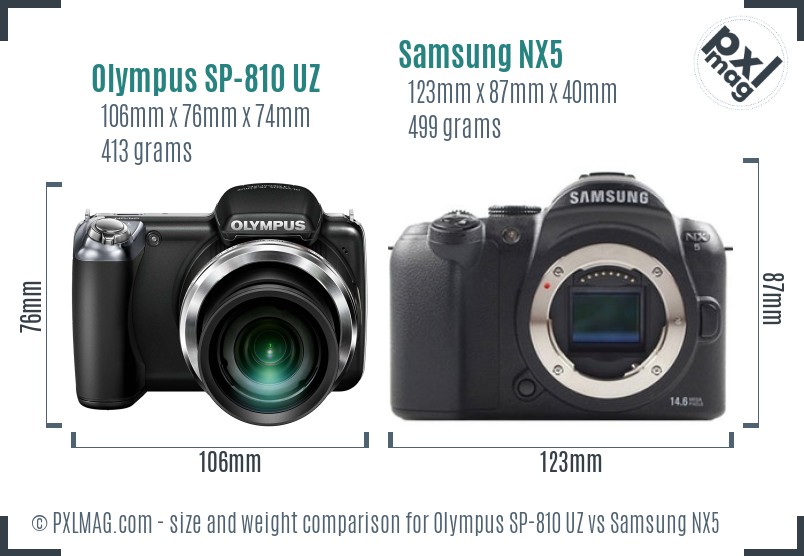 Olympus SP-810 UZ vs Samsung NX5 size comparison