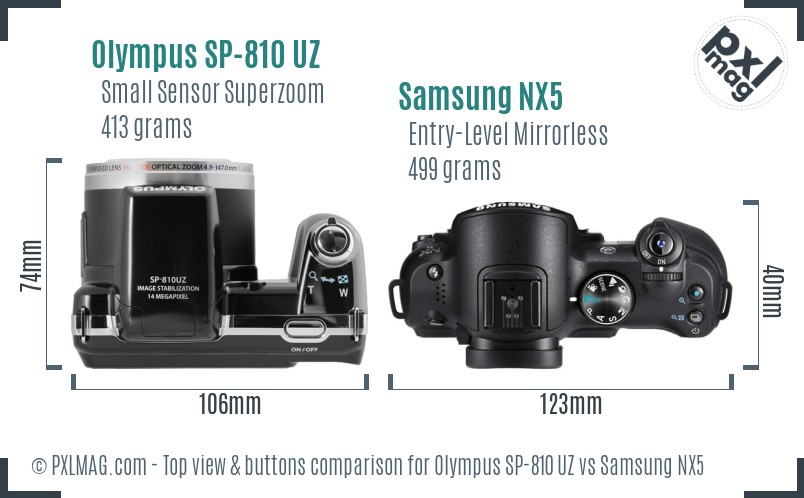 Olympus SP-810 UZ vs Samsung NX5 top view buttons comparison