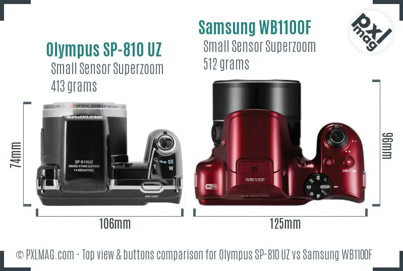 Olympus SP-810 UZ vs Samsung WB1100F top view buttons comparison Olympus SP-810 UZ vs Samsung WB1100F top view buttons comparison