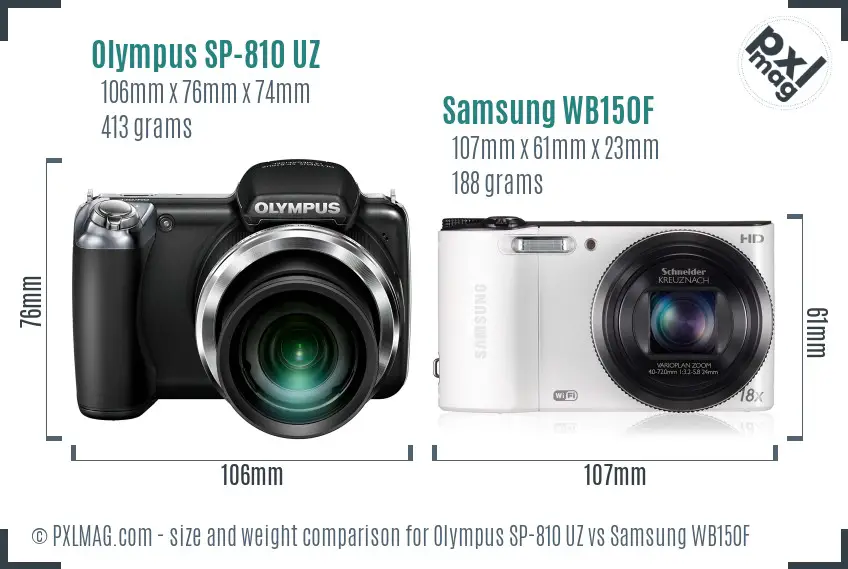 Olympus SP-810 UZ vs Samsung WB150F size comparison