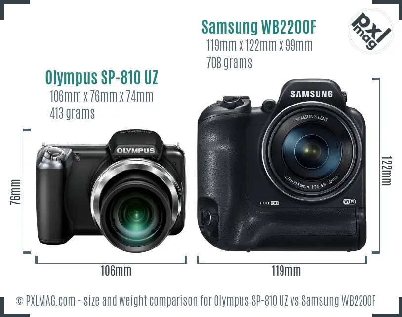 Olympus SP-810 UZ vs Samsung WB2200F size comparison