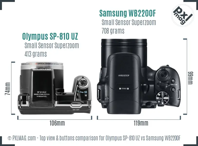 Olympus SP-810 UZ vs Samsung WB2200F top view buttons comparison