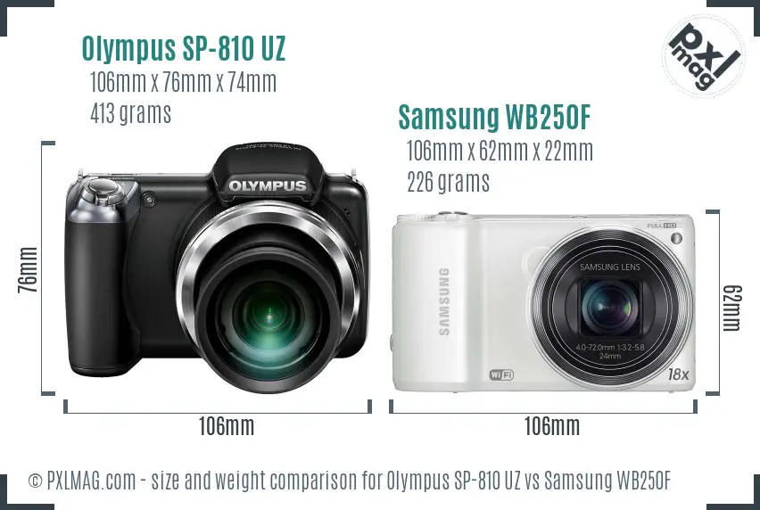 Olympus SP-810 UZ vs Samsung WB250F size comparison