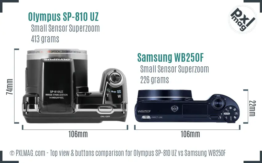 Olympus SP-810 UZ vs Samsung WB250F top view buttons comparison