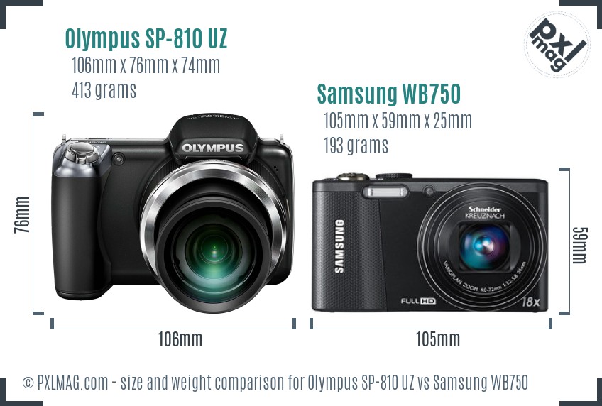 Olympus SP-810 UZ vs Samsung WB750 size comparison
