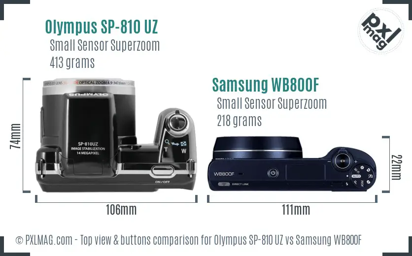 Olympus SP-810 UZ vs Samsung WB800F top view buttons comparison Olympus SP-810 UZ vs Samsung WB800F top view buttons comparison