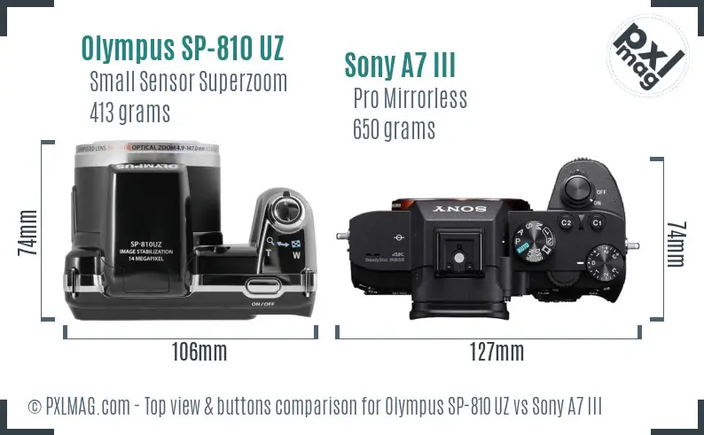 Olympus SP-810 UZ vs Sony A7 III top view buttons comparison