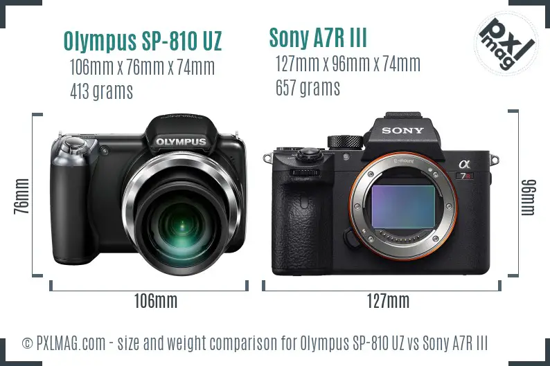 Olympus SP-810 UZ vs Sony A7R III size comparison