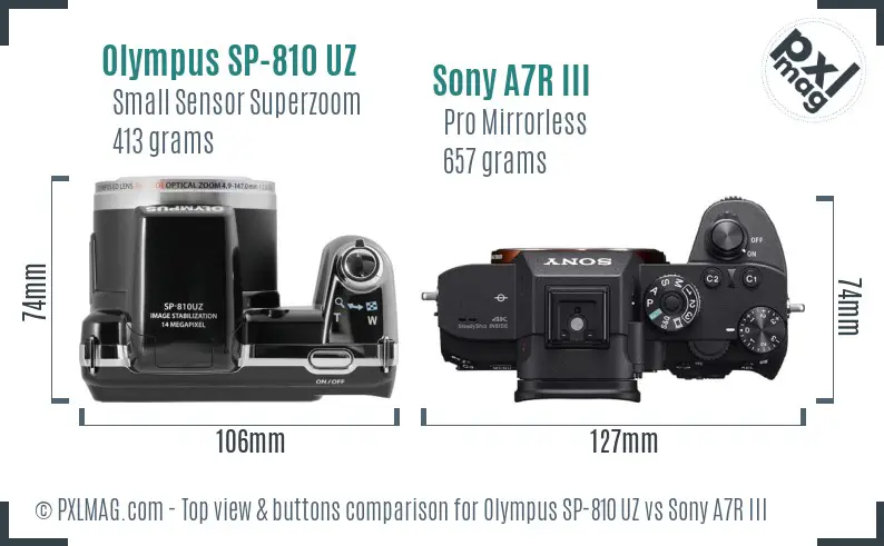 Olympus SP-810 UZ vs Sony A7R III top view buttons comparison