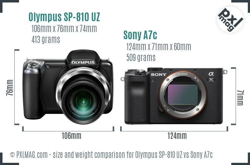 Olympus SP-810 UZ vs Sony A7c size comparison