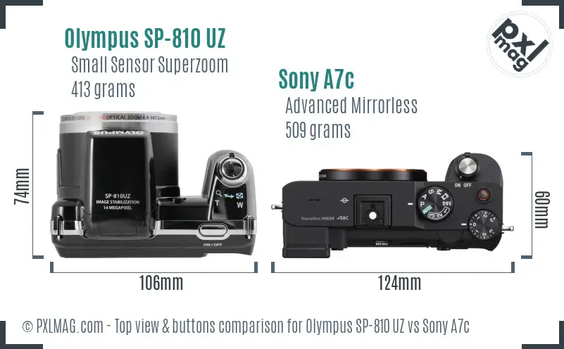 Olympus SP-810 UZ vs Sony A7c top view buttons comparison