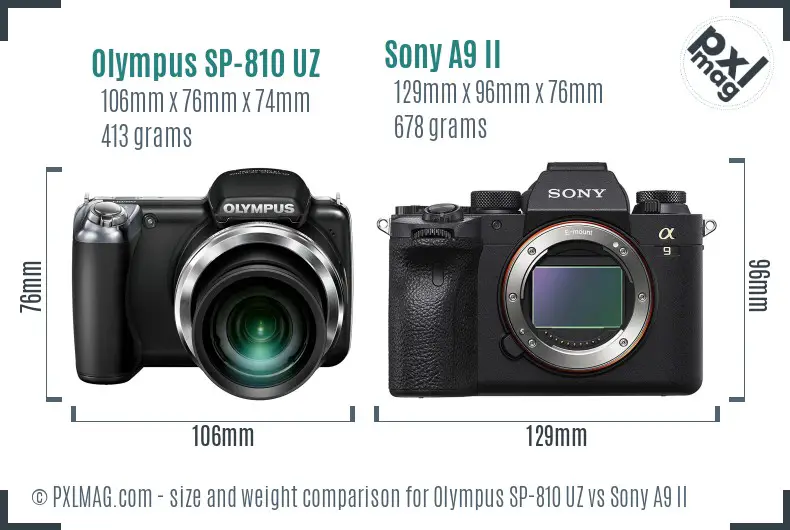 Olympus SP-810 UZ vs Sony A9 II size comparison