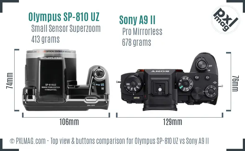 Olympus SP-810 UZ vs Sony A9 II top view buttons comparison