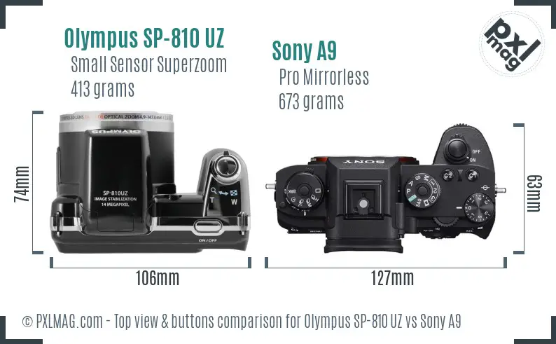 Olympus SP-810 UZ vs Sony A9 top view buttons comparison