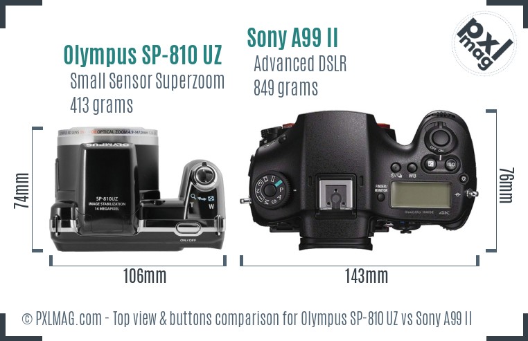 Olympus SP-810 UZ vs Sony A99 II top view buttons comparison