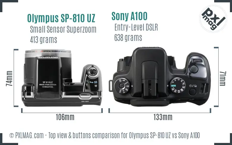 Olympus SP-810 UZ vs Sony A100 top view buttons comparison