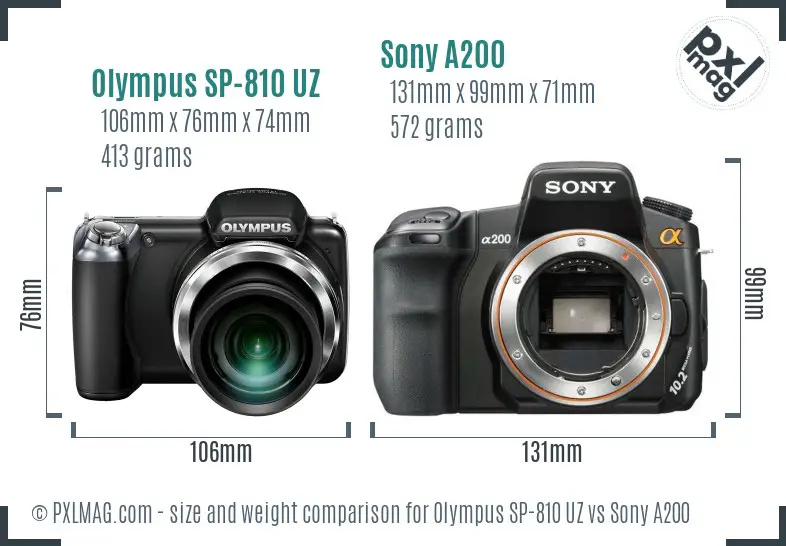 Olympus SP-810 UZ vs Sony A200 size comparison