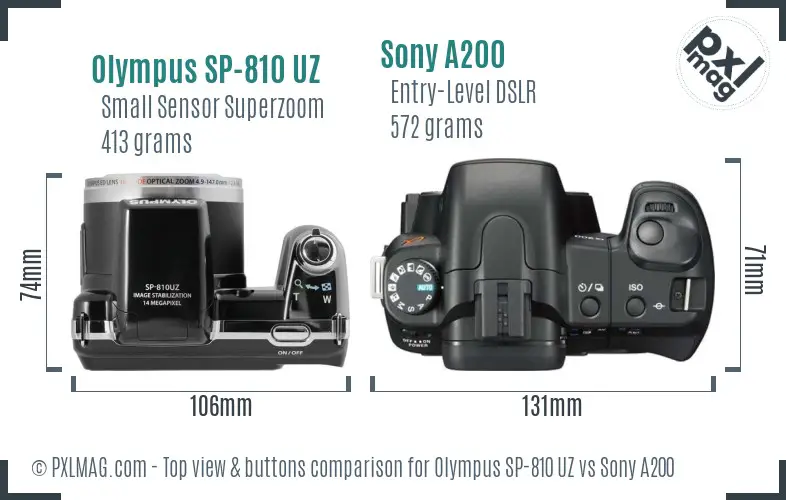 Olympus SP-810 UZ vs Sony A200 top view buttons comparison