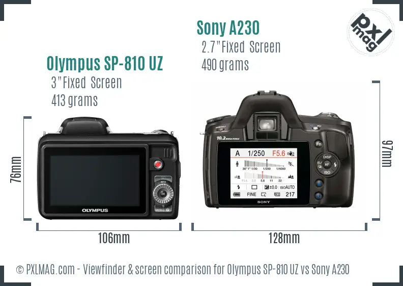 Olympus SP-810 UZ vs Sony A230 Screen and Viewfinder comparison