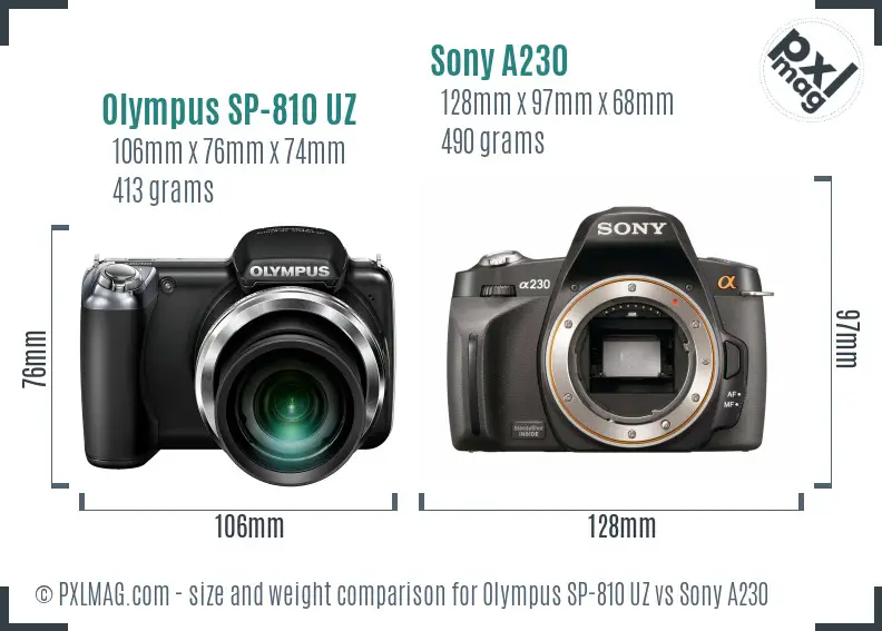 Olympus SP-810 UZ vs Sony A230 size comparison