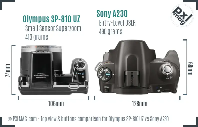 Olympus SP-810 UZ vs Sony A230 top view buttons comparison
