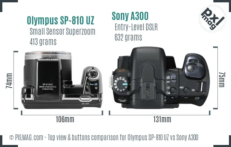 Olympus SP-810 UZ vs Sony A300 top view buttons comparison