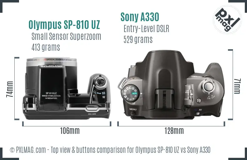 Olympus SP-810 UZ vs Sony A330 top view buttons comparison