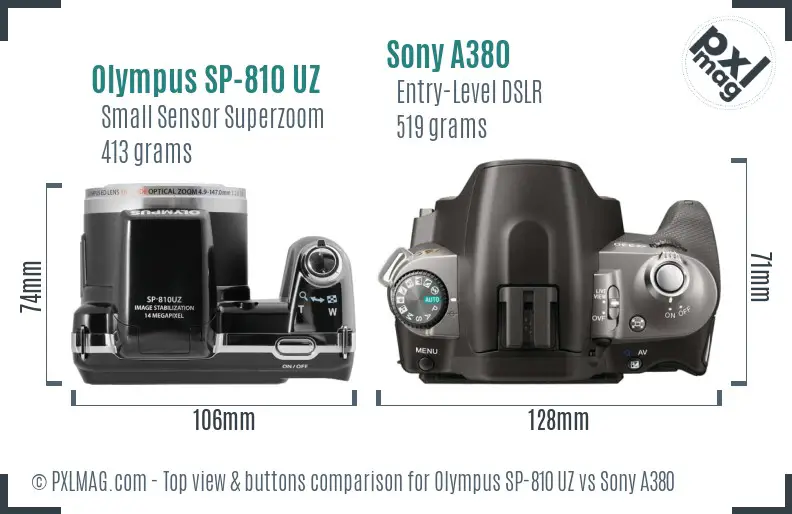 Olympus SP-810 UZ vs Sony A380 top view buttons comparison