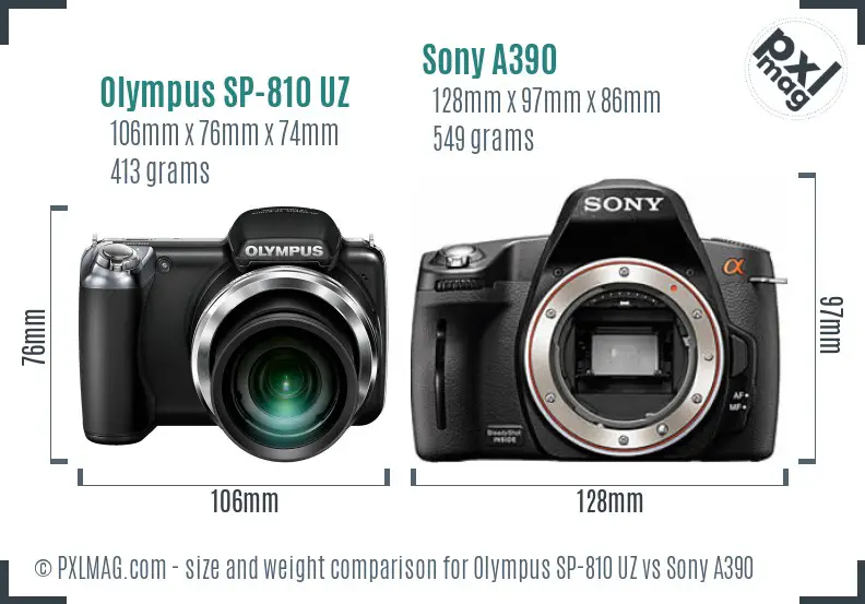 Olympus SP-810 UZ vs Sony A390 size comparison Olympus SP-810 UZ vs Sony A390 size comparison