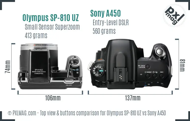 Olympus SP-810 UZ vs Sony A450 top view buttons comparison